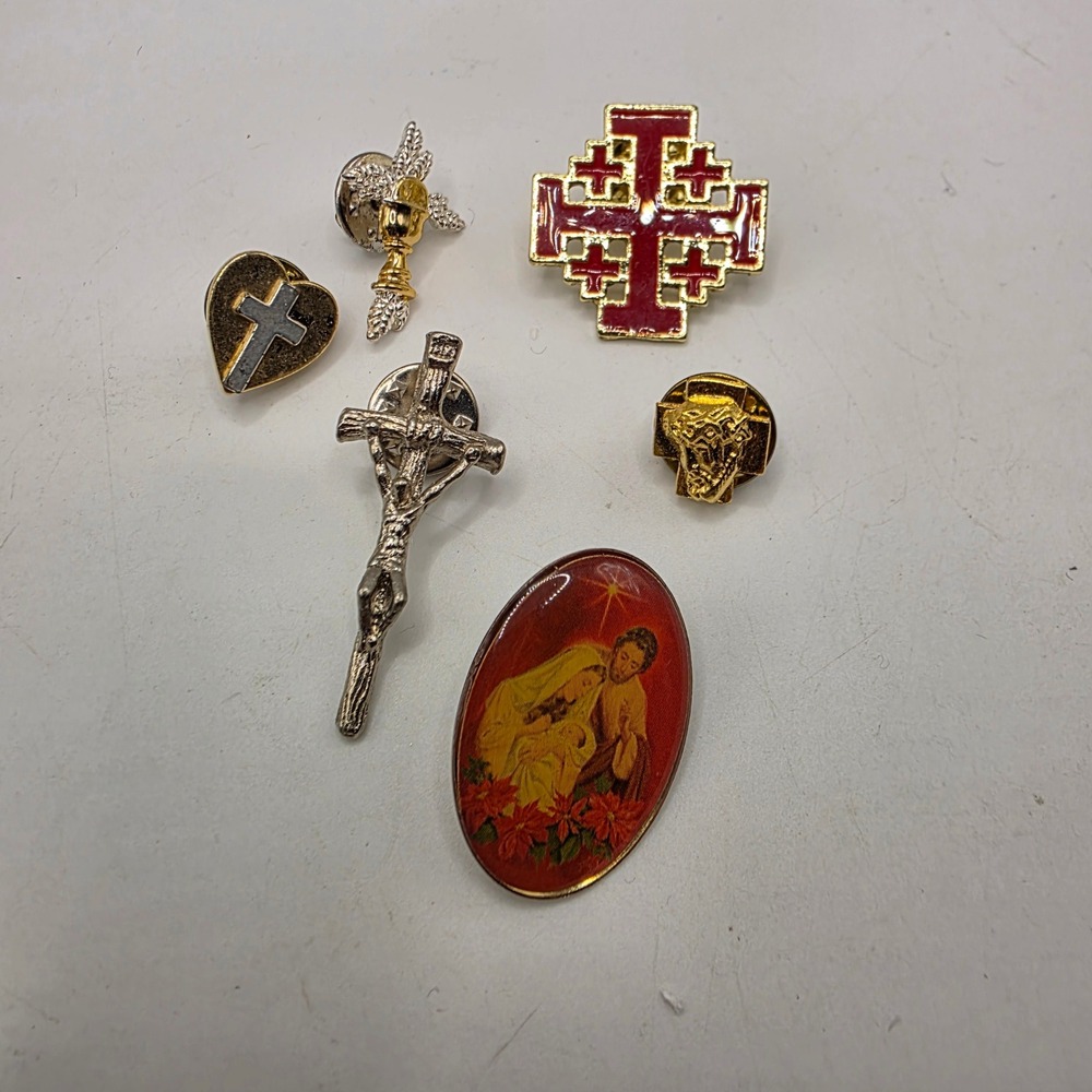 Religious Lapel Pin Lot 6 Crucifix Jerusalem Cross Nativity Chalice Jesus Heart